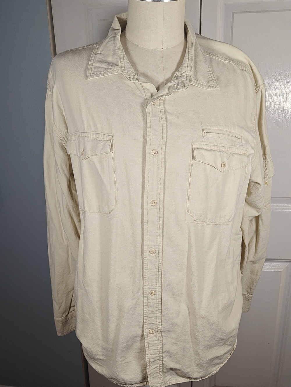 Chaps Mens XXL Cream Utility Workwear Shirt Twin Flap Pockets Sleeve Pocket